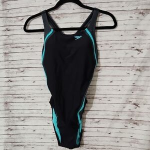 Speedo Women's Black and Teal One Piece Swimsuit